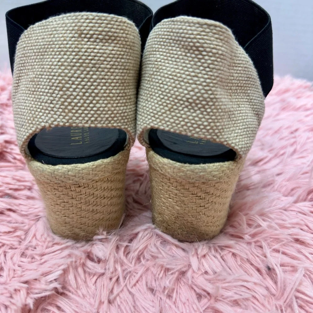 LAUREN Ralph Lauren Charla Espadrille Wedge Sandals Black & Tan‎ Womens Size 9B